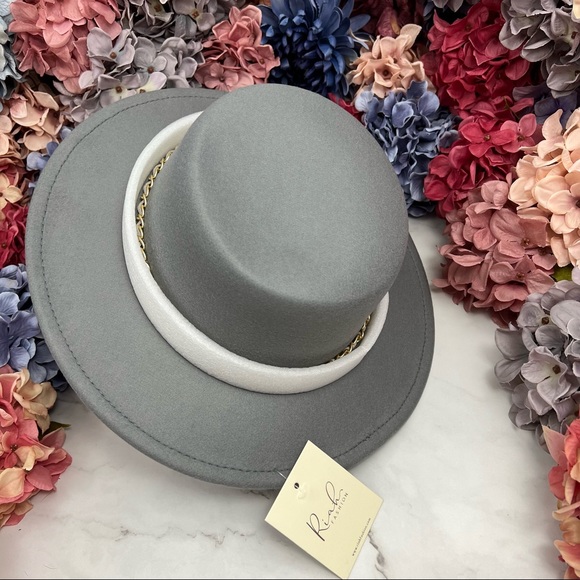 Wide Brim Stone Gray Felt Fedora with Gold Chain - Picture 8 of 9